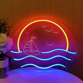 Оптовая продажа Sea With Boat LED Neon Спальня Прихожая Магазин Декора Уникальный Красивый дизайн Мальчик Девочка Подарок на день рождения Затемняемый ночник