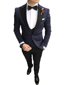 Темно-синий Повседневный мужской костюм Slim Fit, Смокинги для выпускного вечера с отворотами, деловой Комплект из 3 предметов для Свадебных Женихов (блейзер + жилет + брюки)