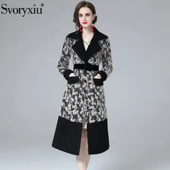 Svoryxiu Модное женское зимнее прямое пальто в стиле ретро с поясами с лацканами и геометрическим принтом, Однобортное пальто с длинными рукавами