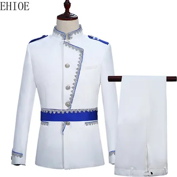Новый белый темно-синий военный блейзер с моряком, костюм для выступлений, костюм с поясом, европейский официальный костюм королевского принца в цветочек