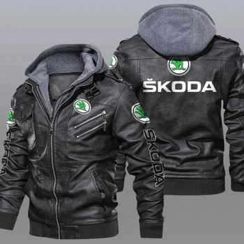 2023 Новая зимняя мужская куртка с логотипом автомобиля Skoda из искусственной кожи с длинным рукавом на молнии и капюшоном на флисовой подкладке, модное теплое пальто