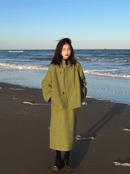 Зеленое шерстяное пальто, женское зимнее пальто с пряжкой в китайском стиле, юбка, комплект из двух предметов