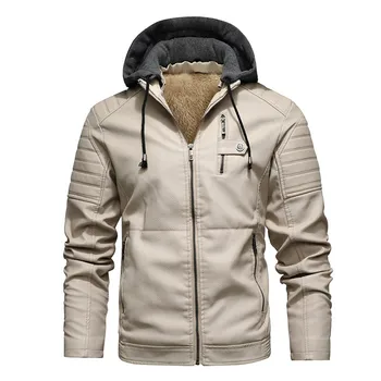 Осенне-зимняя новая кожаная куртка, мужское пальто из искусственной кожи, молодежное мужское мотоциклетное плюшевое пальто с капюшоном, велосипедная куртка