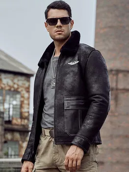 Новая мужская дубленка G1, куртка-бомбер, черное кожаное пальто, короткие парки из овечьего меха, Мотоциклетная верхняя одежда