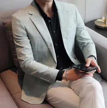 Мужской костюм с клетчатым рисунком для делового отдыха, Однобортный модный приталенный костюм из смеси хлопка, куртка A113