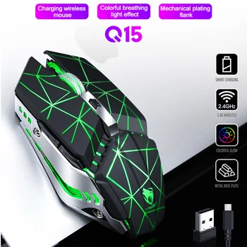 Q15 USB беспроводная мышь Перезаряжаемая беззвучная механическая игровая светящаяся мышь Сенсорное колесо Игровая мышь для ПК Аксессуары для ноутбуков