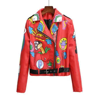 Весенне-осенняя Красная куртка из искусственной кожи, Женская Милая уличная одежда в стиле панк с граффити и заклепками, мотоциклетное пальто
