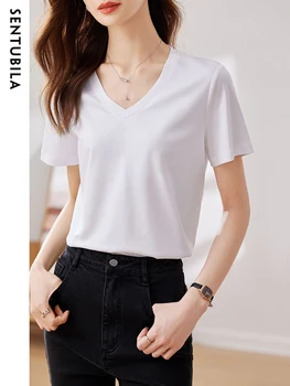 Sentubila/ хлопковые простые футболки для женщин, Мода 2023, Летние топы с короткими рукавами, однотонные базовые женские футболки с V-образным вырезом