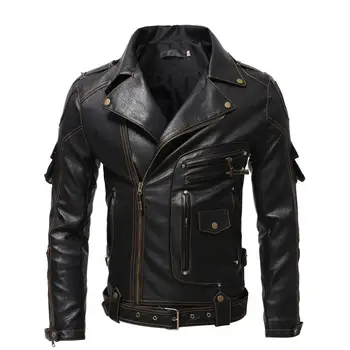 Весной и осенью Новое индивидуальное кожаное пальто, приталенное, с несколькими карманами, на молнии, Мужская мотоциклетная куртка в стиле панк, кожаное пальто