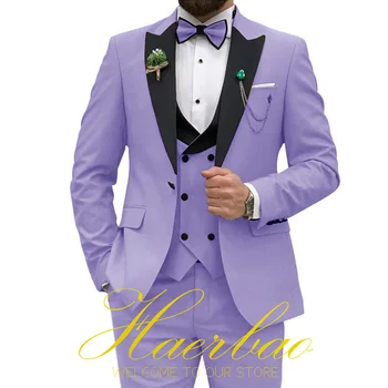 Фиолетовый цвет, мужской свадебный костюм, комплект из 3 предметов (куртка + жилет + брюки) Смокинг для вечеринки жениха, официальная одежда на заказ