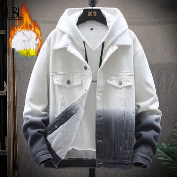 Осенне-зимняя джинсовая куртка 2023, мужская Плюс Бархатная Утолщающая тенденция, Теплая Свободная корейская версия, молодежная куртка с градиентом, Верхняя одежда