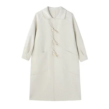 Новое женское белое пальто в стиле Хепберн, высококачественное двустороннее шерстяное пальто с отворотом в виде рога и пуговиц, Модная свободная куртка с длинным рукавом, осень-зима
