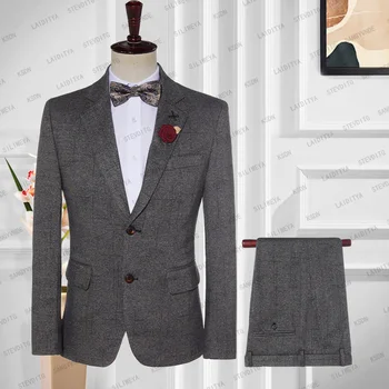 2023 Новые мужские костюмы, комплект из 2 предметов, темно-серый бархатный костюм Reto с классическим рисунком в елочку, деловые смокинги для свадьбы, Блейзер, брюки