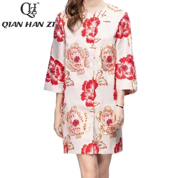 QHZ Осенне-зимний дизайнерский модный винтажный тренч, женская жаккардовая куртка с рукавом 3/4, украшенная кристаллами, Элегантная роскошная куртка с цветочным бисером