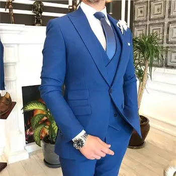 Драгоценный синий мужской деловой костюм, приталенный фрак жениха, торжественное платье для свадебных танцев (пиджак + брюки + жилет)