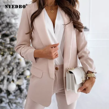 NEEDBO Костюм, куртка, женский однотонный Элегантный Блейзер, женская осенняя куртка 2021, Повседневное пальто, кардиган с длинным рукавом и воротником