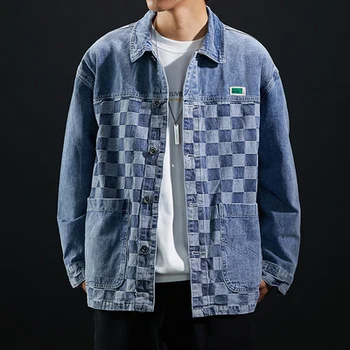 Осенняя модная брендовая мужская джинсовая куртка в клетку в стиле хип-хоп, трендовая студенческая свободная джинсовая куртка